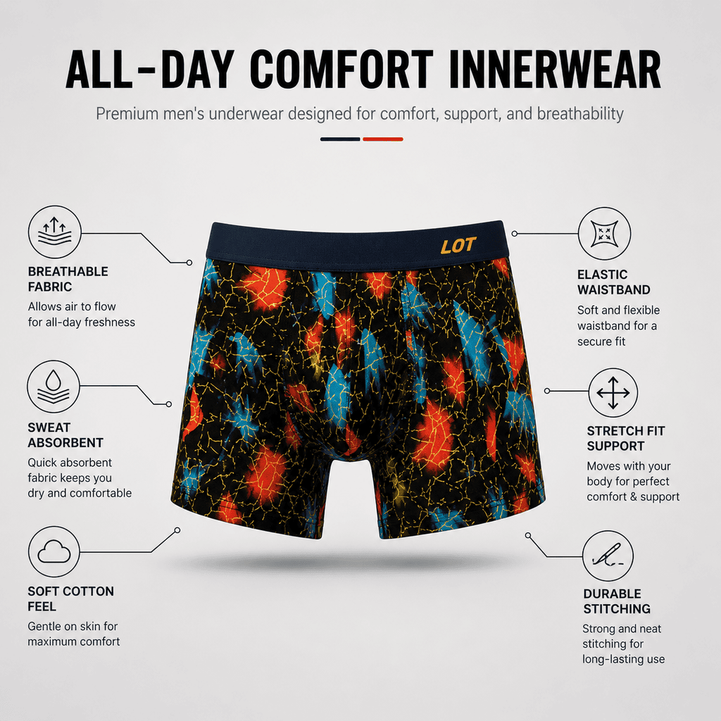 LOT 4 Pack Boxer Briefs – Comfortable Everyday Innerwear (Abstract Black, Graphic White, Tie Dye Blue)