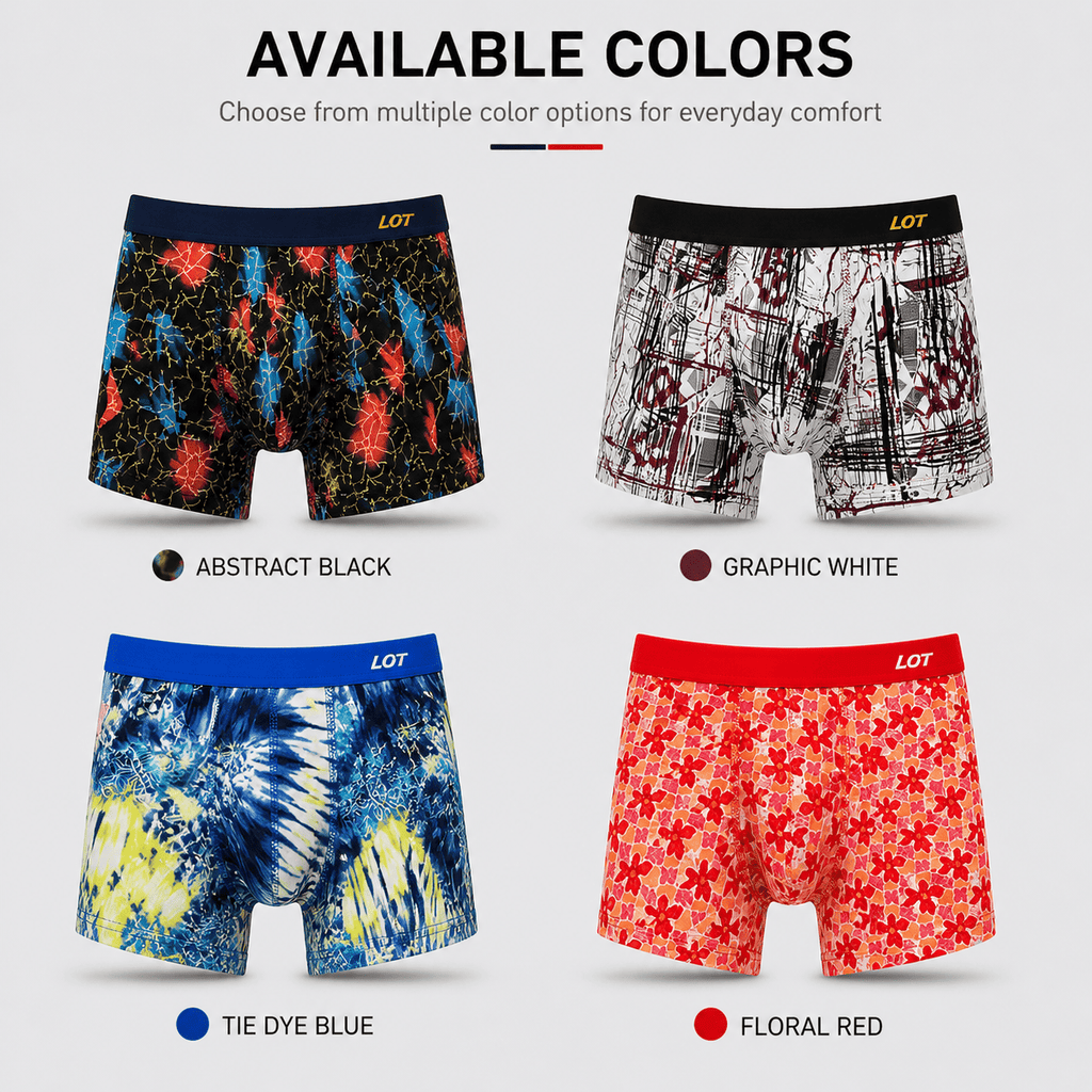 LOT 4 Pack Boxer Briefs – Comfortable Everyday Innerwear (Abstract Black, Graphic White, Tie Dye Blue)