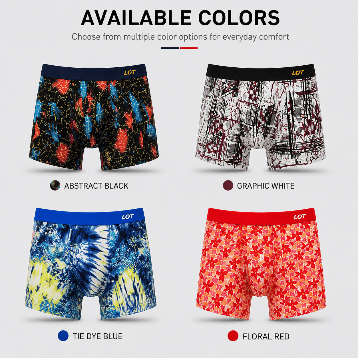 LOT 4 Pack Boxer Briefs – Comfortable Everyday Innerwear (Abstract Black, Graphic White, Tie Dye Blue)
