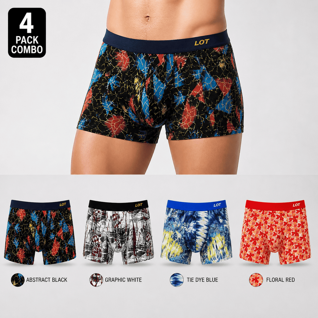 LOT 4 Pack Boxer Briefs – Comfortable Everyday Innerwear (Abstract Black, Graphic White, Tie Dye Blue)