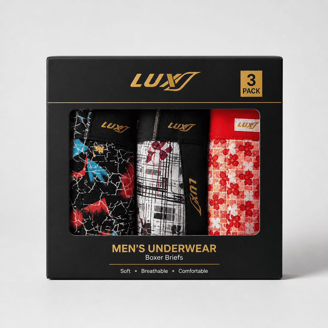 LOT 4 Pack Boxer Briefs – Comfortable Everyday Innerwear (Abstract Black, Graphic White, Tie Dye Blue)