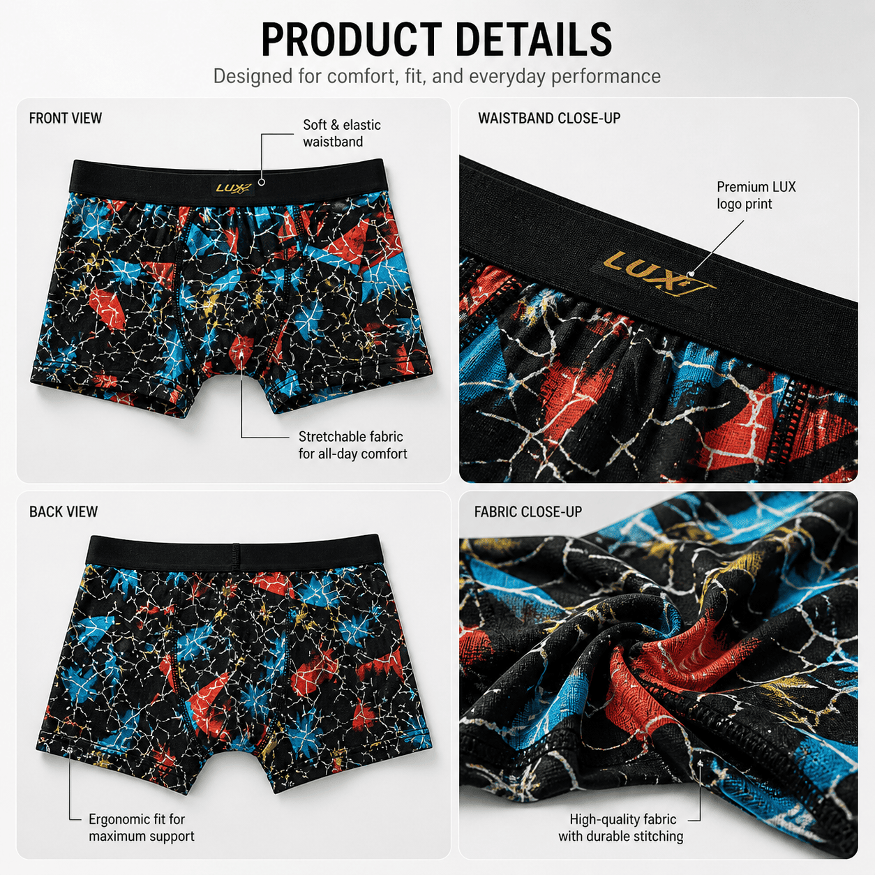 LOT 4 Pack Boxer Briefs – Comfortable Everyday Innerwear (Abstract Black, Graphic White, Tie Dye Blue)