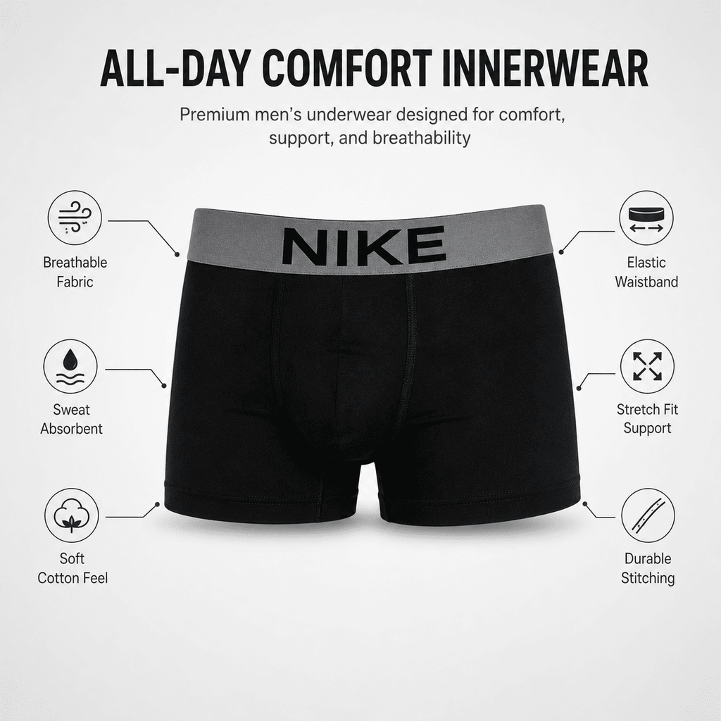 Nike 4 Pack Trunks – Comfortable Everyday Innerwear (Black, Light Grey, Navy Blue)