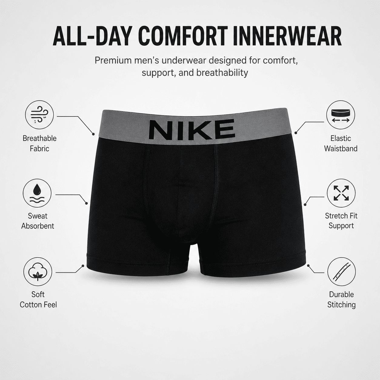 Nike 4 Pack Trunks – Comfortable Everyday Innerwear (Black, Light Grey, Navy Blue)