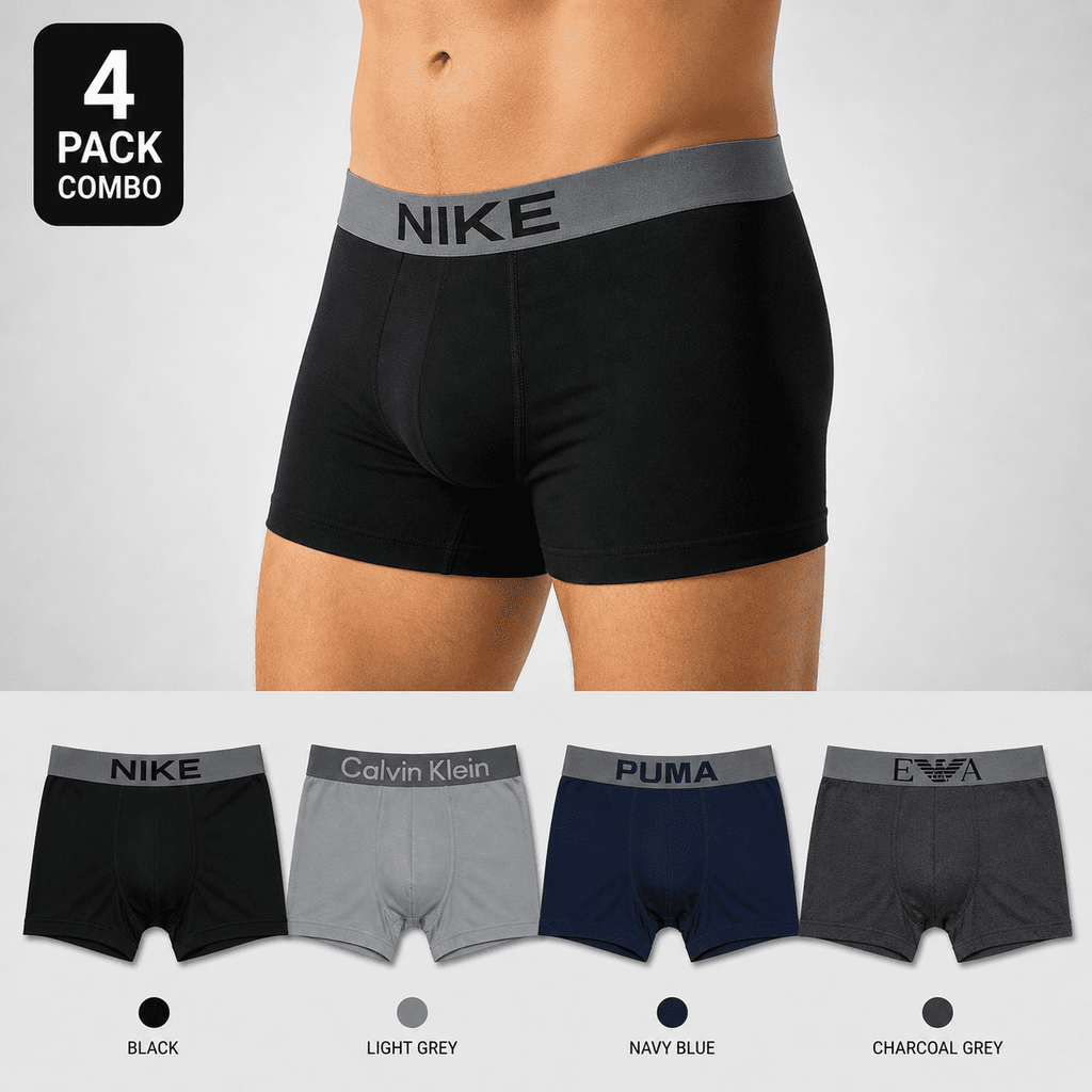 Nike 4 Pack Trunks – Comfortable Everyday Innerwear (Black, Light Grey, Navy Blue)