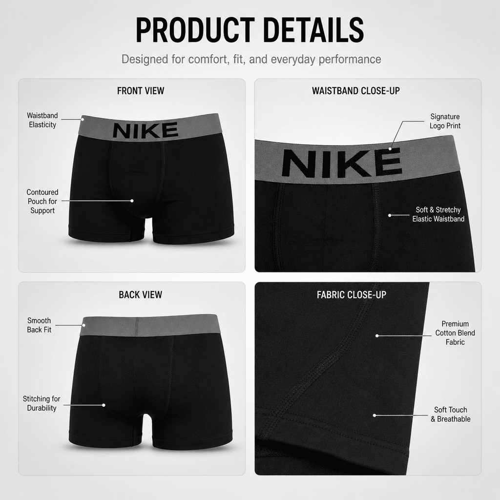 Nike 4 Pack Trunks – Comfortable Everyday Innerwear (Black, Light Grey, Navy Blue)