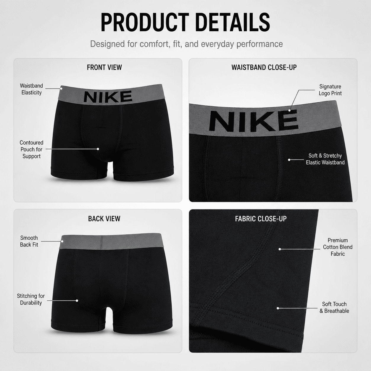 Nike 4 Pack Trunks – Comfortable Everyday Innerwear (Black, Light Grey, Navy Blue)