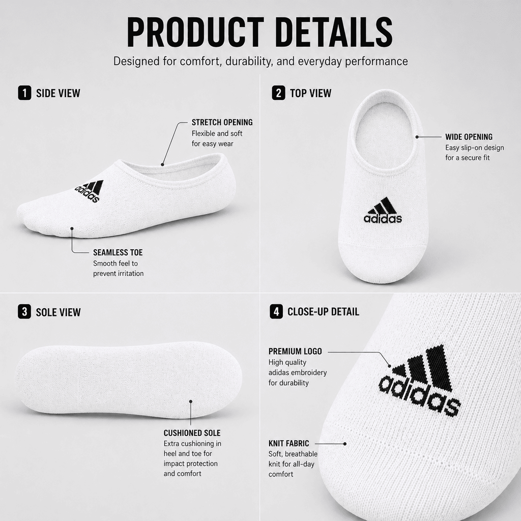 Adidas 5 Pair Low Cut Ankle Socks Combo – Cotton Comfort No Show Socks (White, Grey, Navy, Black)