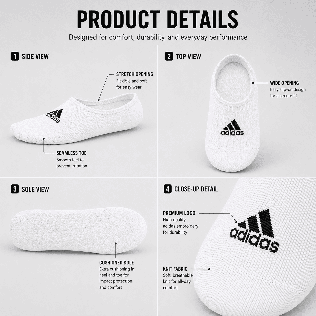 Adidas 5 Pair Low Cut Ankle Socks Combo – Cotton Comfort No Show Socks (White, Grey, Navy, Black)