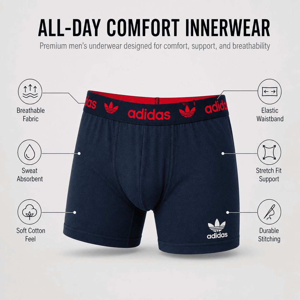 Adidas 3 Pack Boxer Briefs – Comfortable Everyday Innerwear (Navy, Grey, Black)