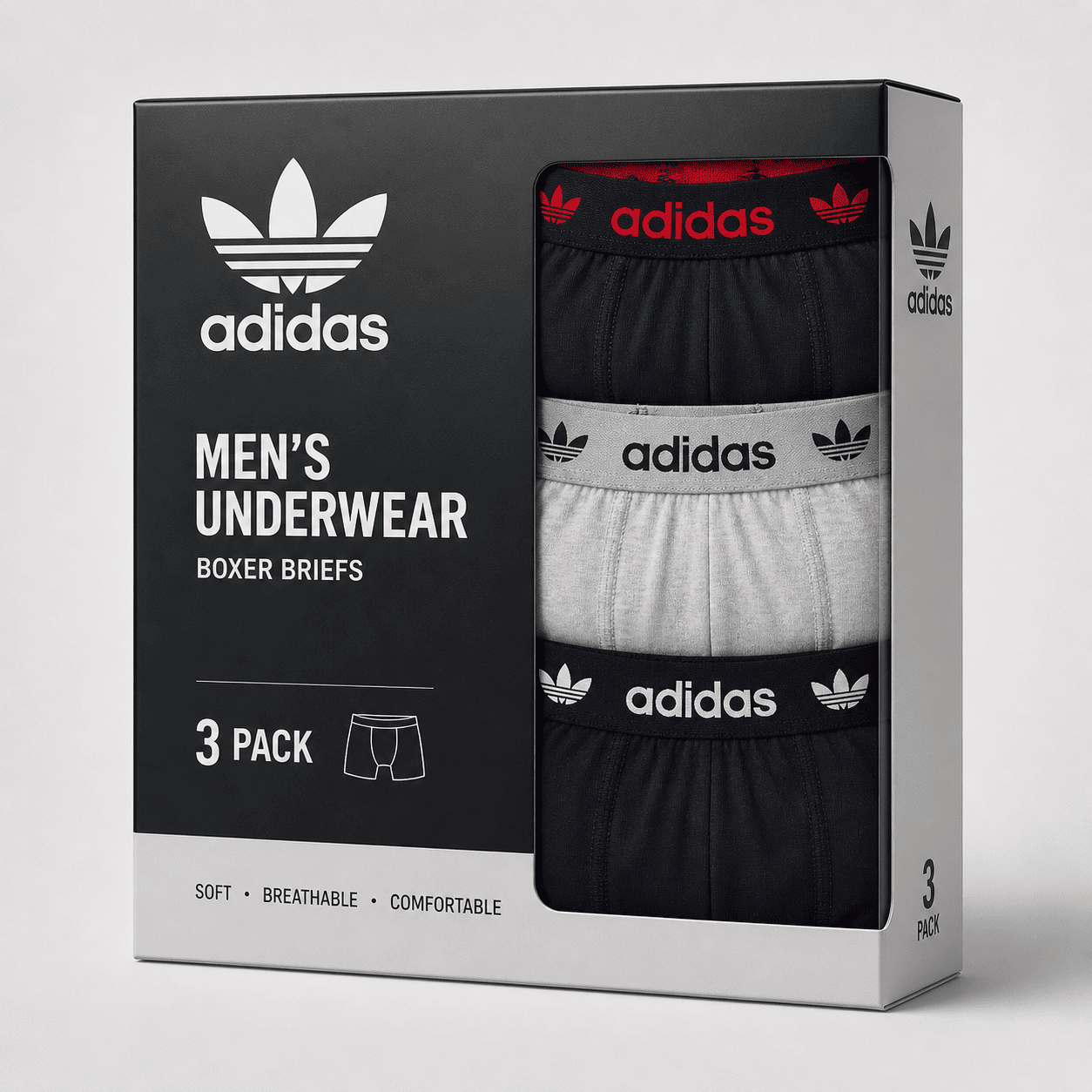Adidas 3 Pack Boxer Briefs – Comfortable Everyday Innerwear (Navy, Grey, Black)