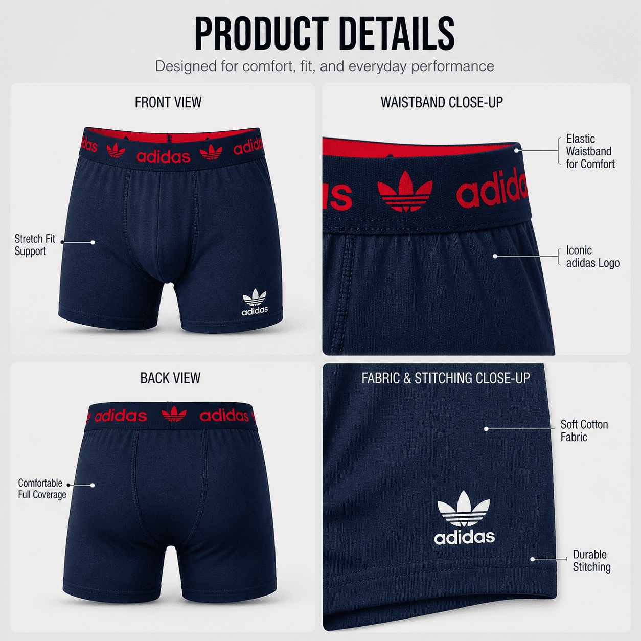 Adidas 3 Pack Boxer Briefs – Comfortable Everyday Innerwear (Navy, Grey, Black)