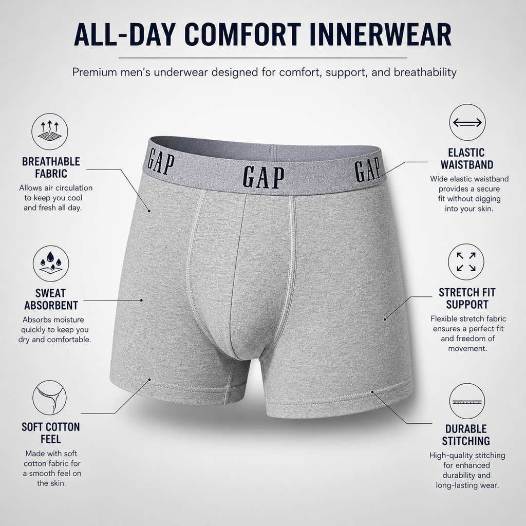 GAP 3 Pack Boxer Briefs Combo – Everyday Comfort & Style (Grey, Navy Blue, Black)