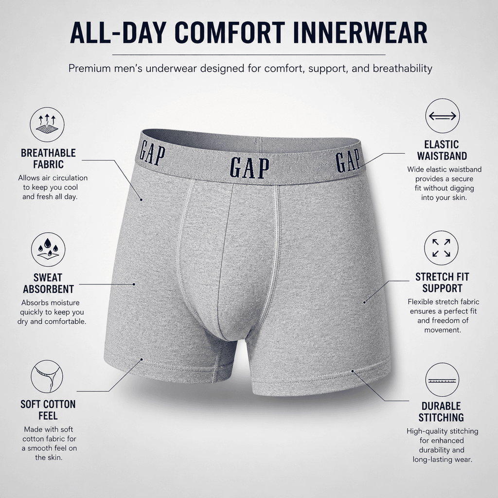 GAP 3 Pack Trunks – Comfortable Everyday Innerwear (Light Grey, Navy Blue, Black)