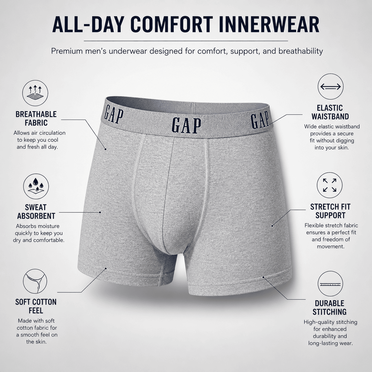 GAP 3 Pack Trunks – Comfortable Everyday Innerwear (Light Grey, Navy Blue, Black)