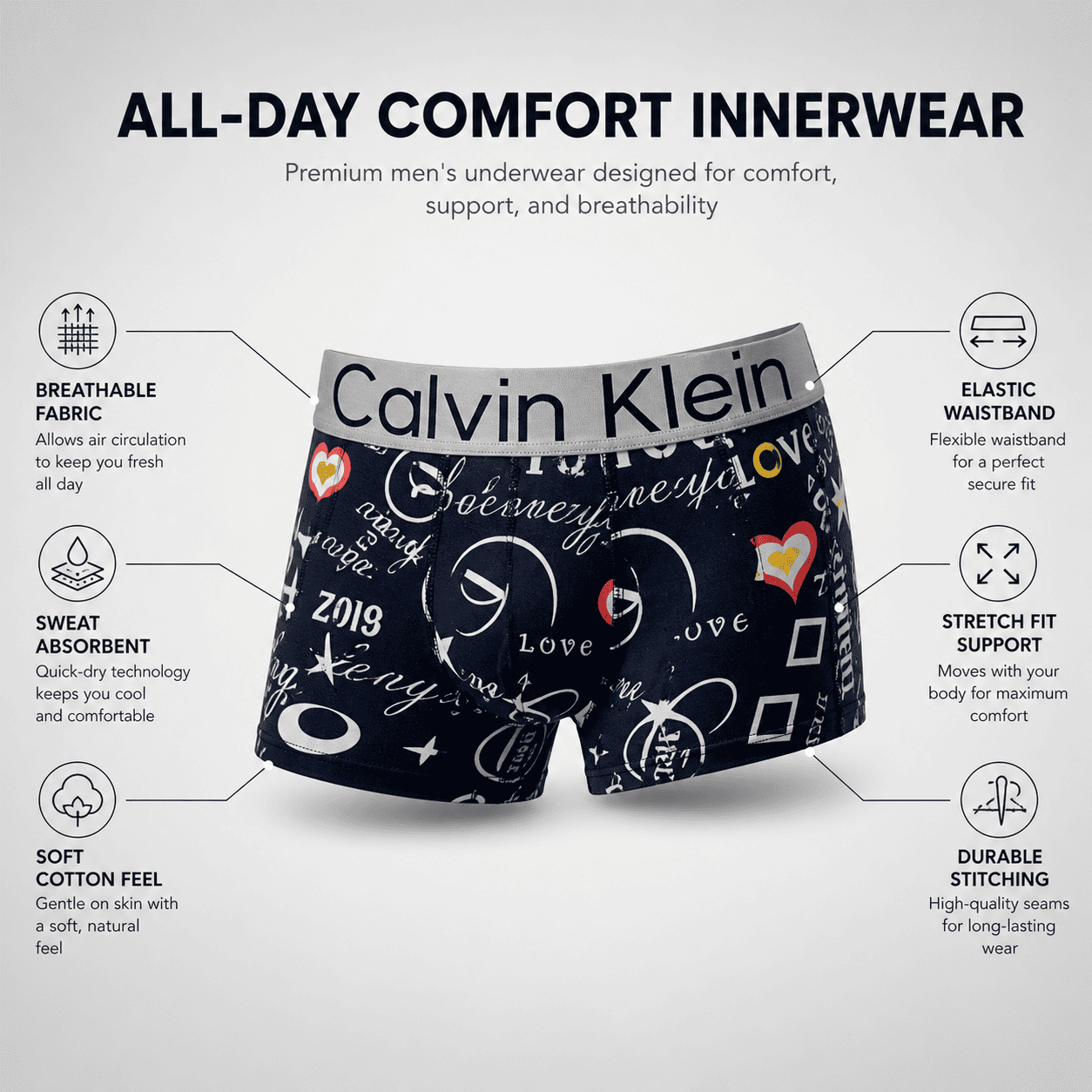 Calvin Klein 5 Pack Trunks – Comfortable Everyday Innerwear (Black Multicolor, Navy Starry, Blue Letters)