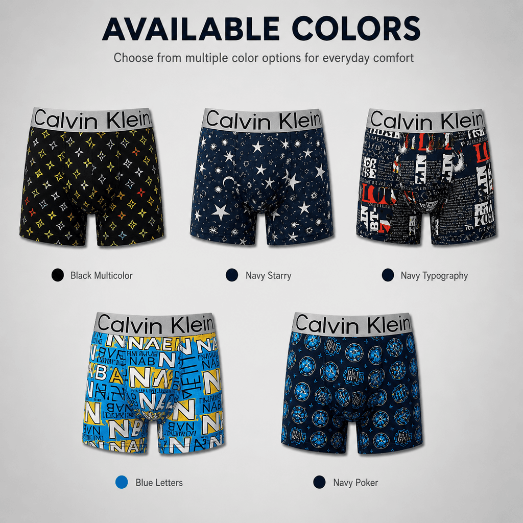 Calvin Klein 5 Pack Trunks – Comfortable Everyday Innerwear (Black Multicolor, Navy Starry, Blue Letters)