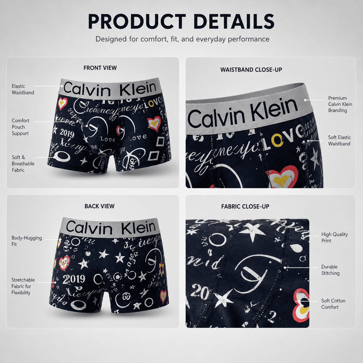 Calvin Klein 5 Pack Trunks – Comfortable Everyday Innerwear (Black Multicolor, Navy Starry, Blue Letters)