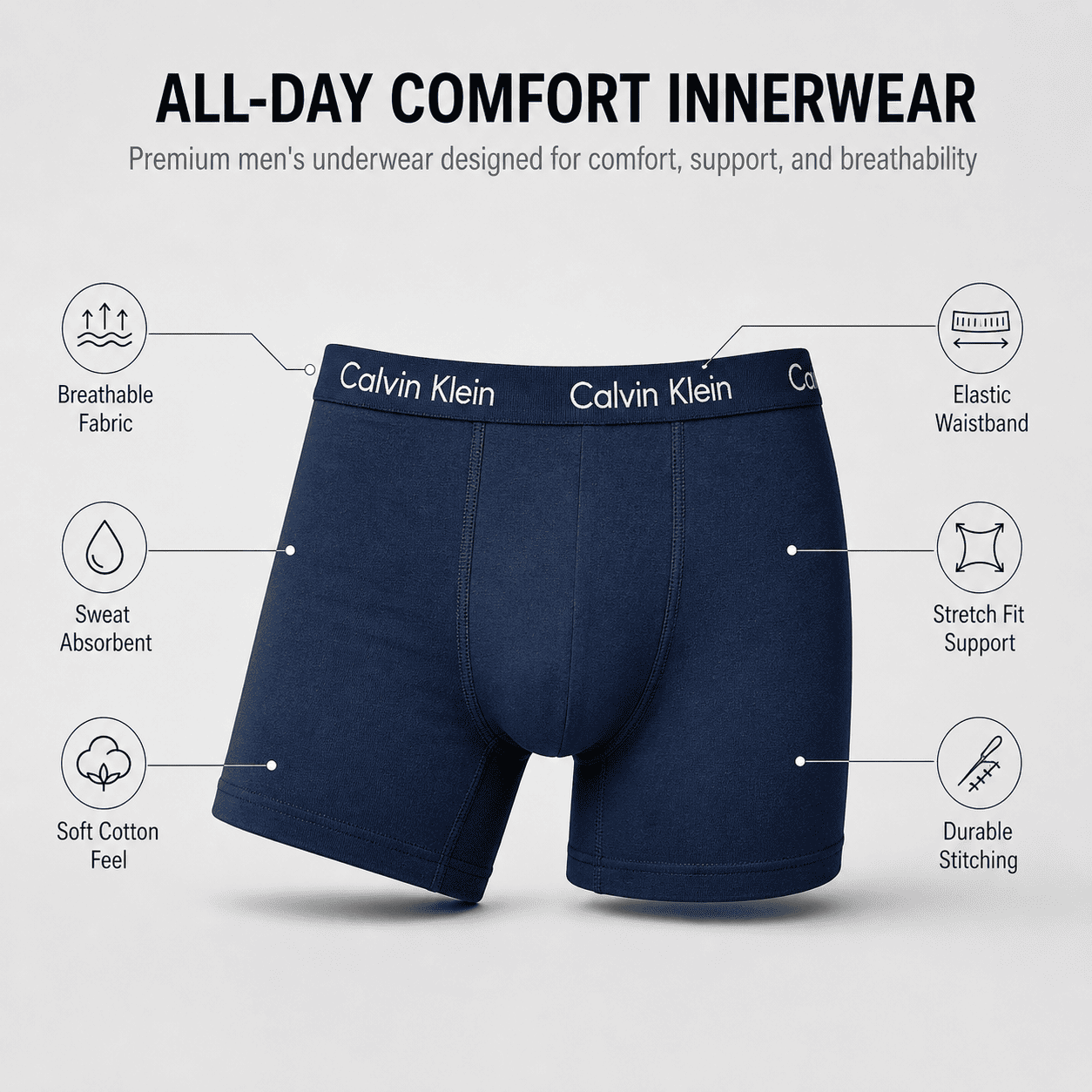 Calvin Klein 3 Pack Trunks – Comfortable Everyday Innerwear (Navy, Grey, Black)