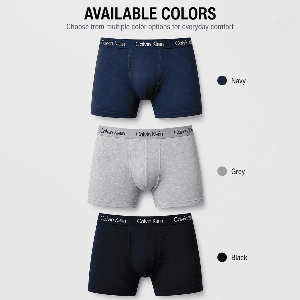 Calvin Klein 3 Pack Trunks – Comfortable Everyday Innerwear (Navy, Grey, Black)