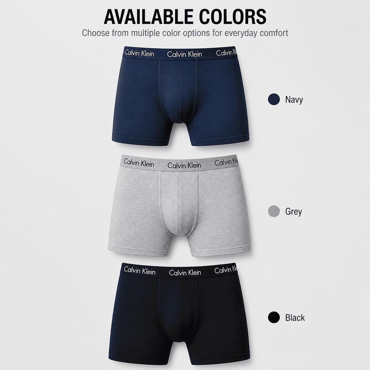 Calvin Klein 3 Pack Trunks – Comfortable Everyday Innerwear (Navy, Grey, Black)