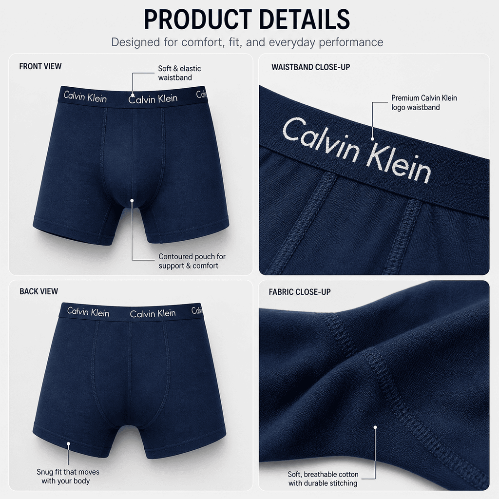 Calvin Klein 3 Pack Trunks – Comfortable Everyday Innerwear (Navy, Grey, Black)