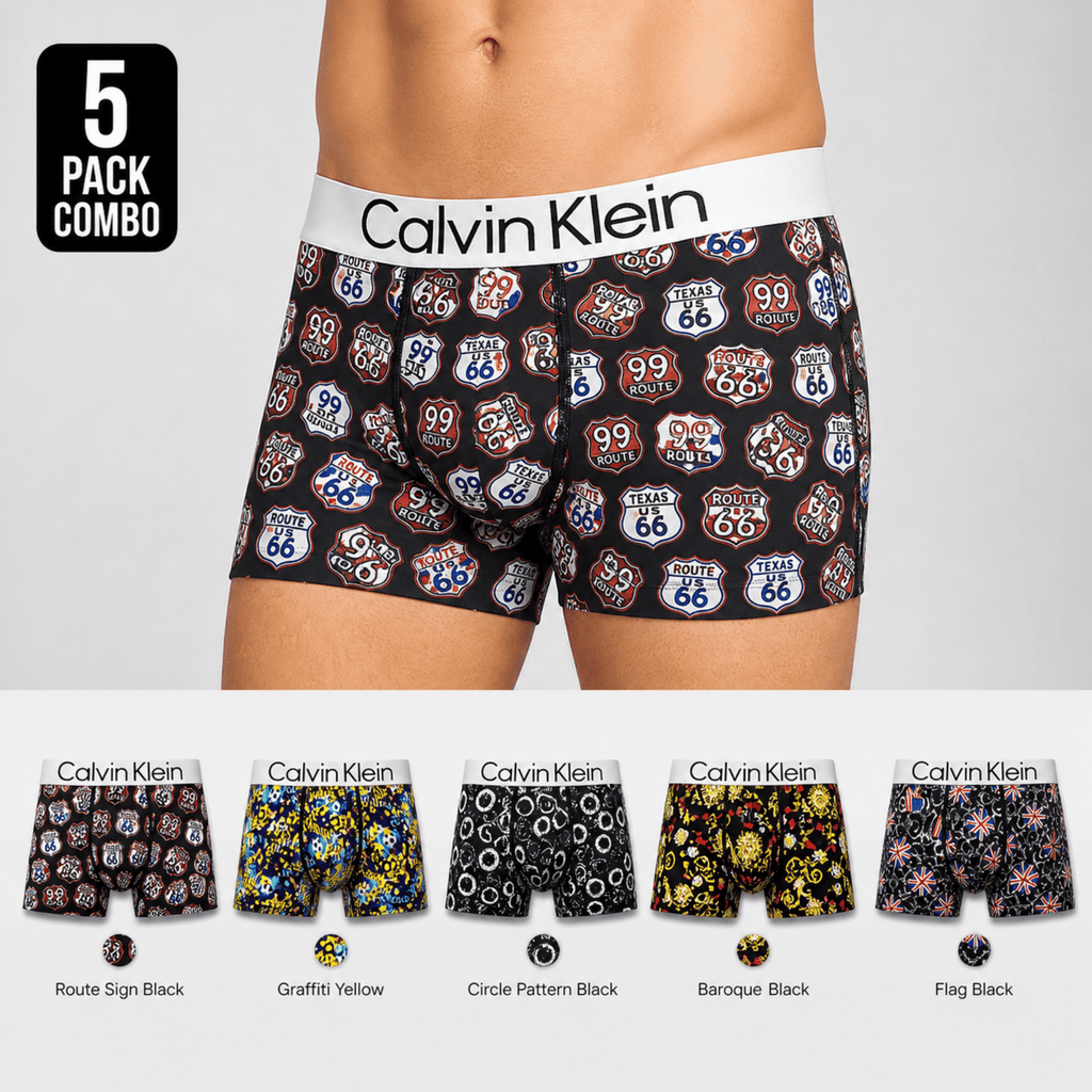 Calvin Klein 5 Pack Trunks – Comfortable Everyday Innerwear (Route Sign Black, Graffiti Yellow, Circle Pattern Black)