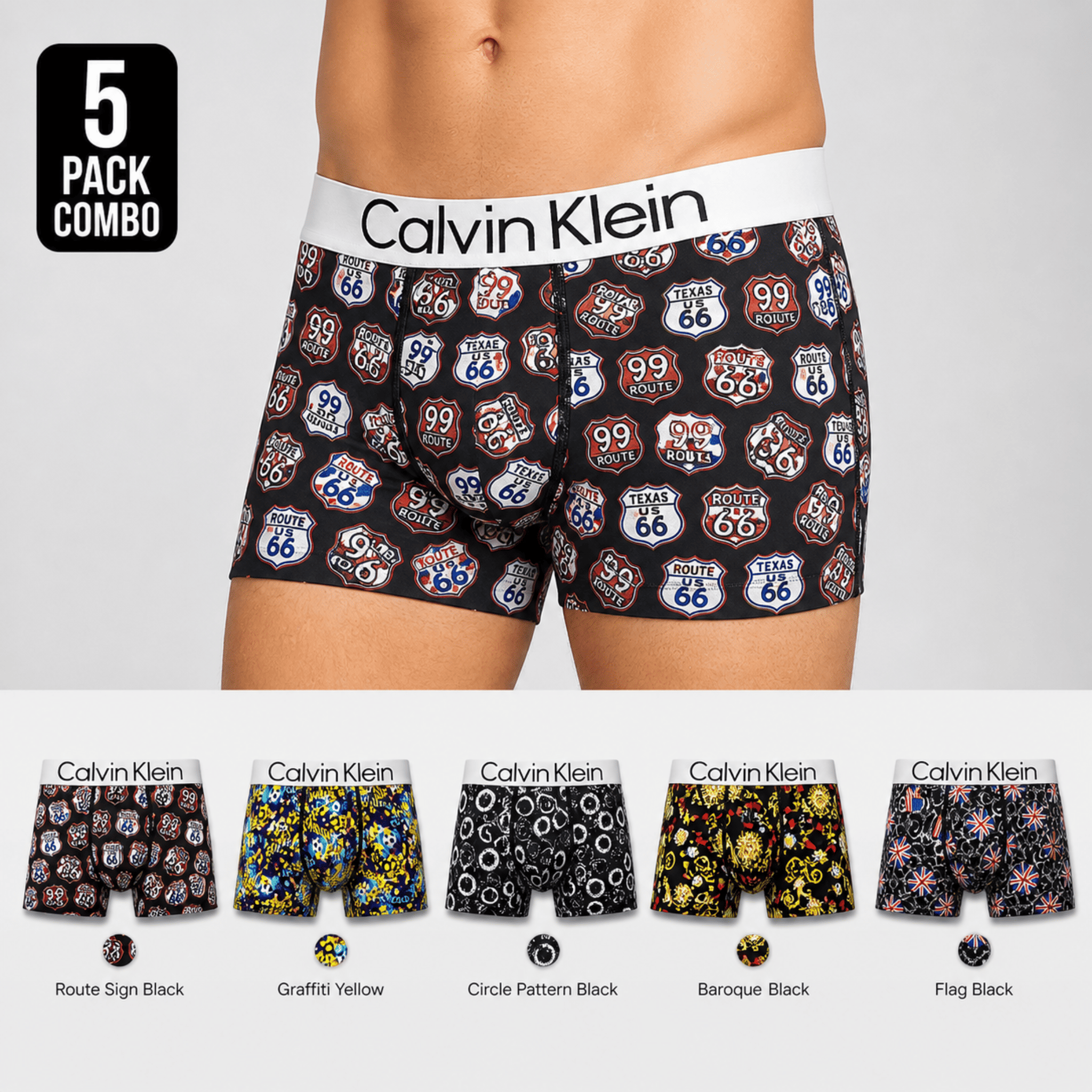 Calvin Klein 5 Pack Trunks – Comfortable Everyday Innerwear (Route Sign Black, Graffiti Yellow, Circle Pattern Black)