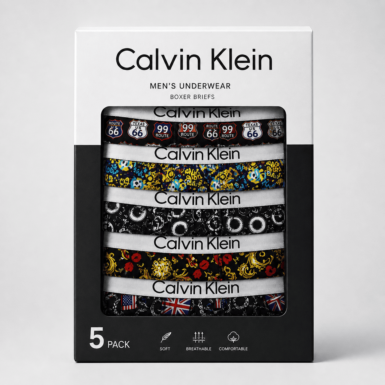 Calvin Klein 5 Pack Trunks – Comfortable Everyday Innerwear (Route Sign Black, Graffiti Yellow, Circle Pattern Black)