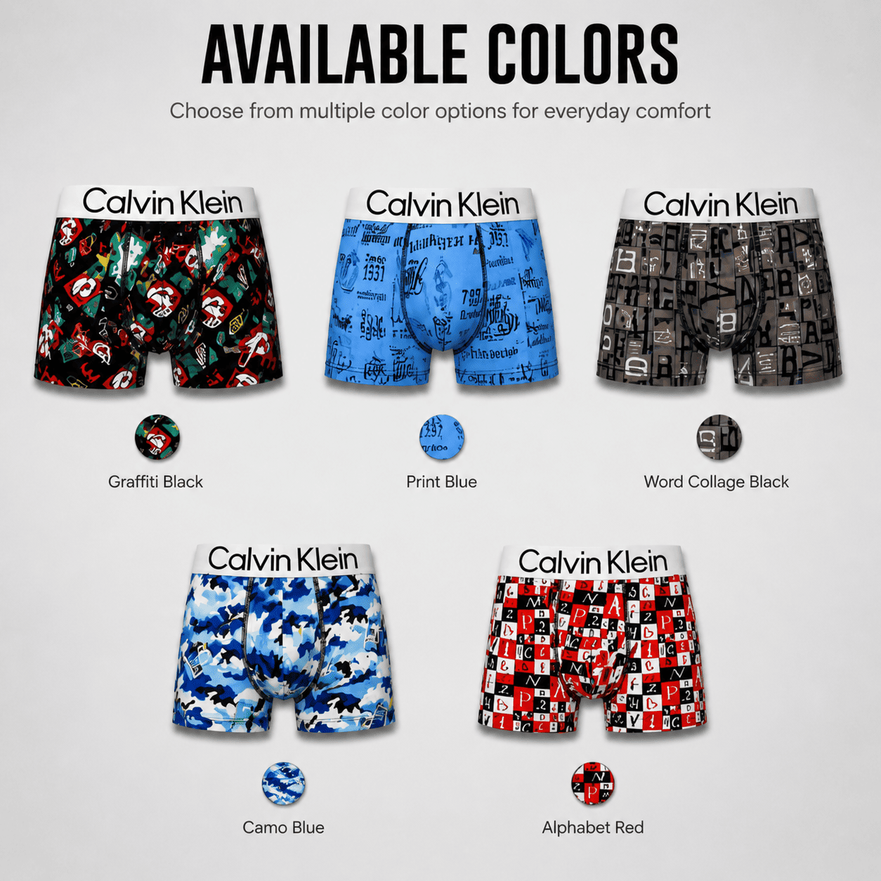 Calvin Klein 5 Pack Trunks – Comfortable Everyday Innerwear (Print Blue, Graffiti Black, Camo Blue)