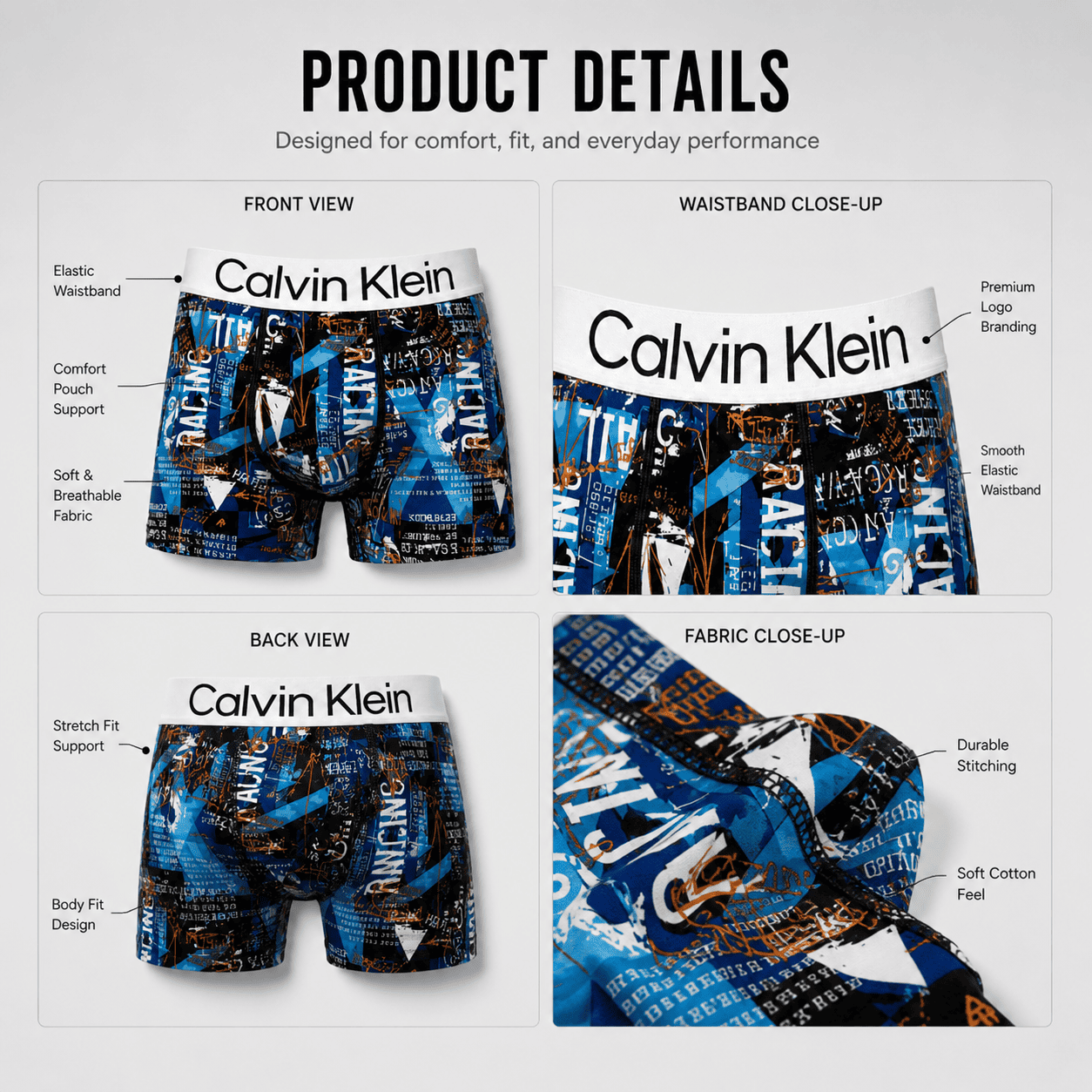 Calvin Klein 5 Pack Trunks – Comfortable Everyday Innerwear (Print Blue, Graffiti Black, Camo Blue)