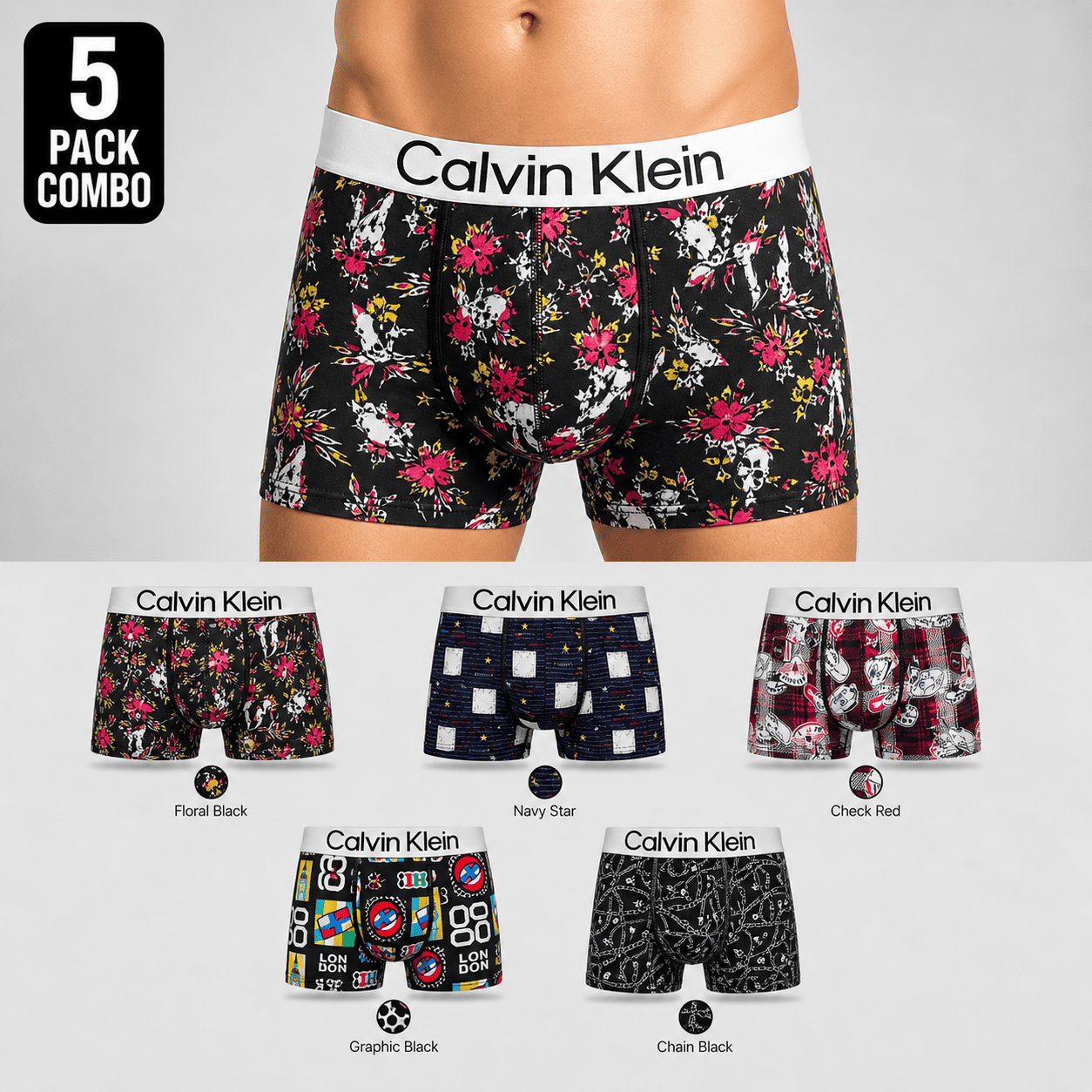 Calvin Klein 5 Pack Trunks – Comfortable Everyday Innerwear (Floral Black, Navy Star, Check Red)