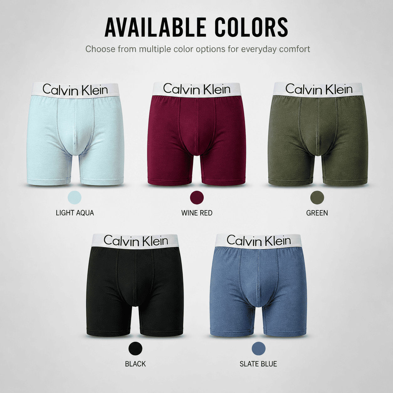 Calvin Klein 5 Pack Trunks – Comfortable Everyday Innerwear (Light Aqua, Wine Red, Green)