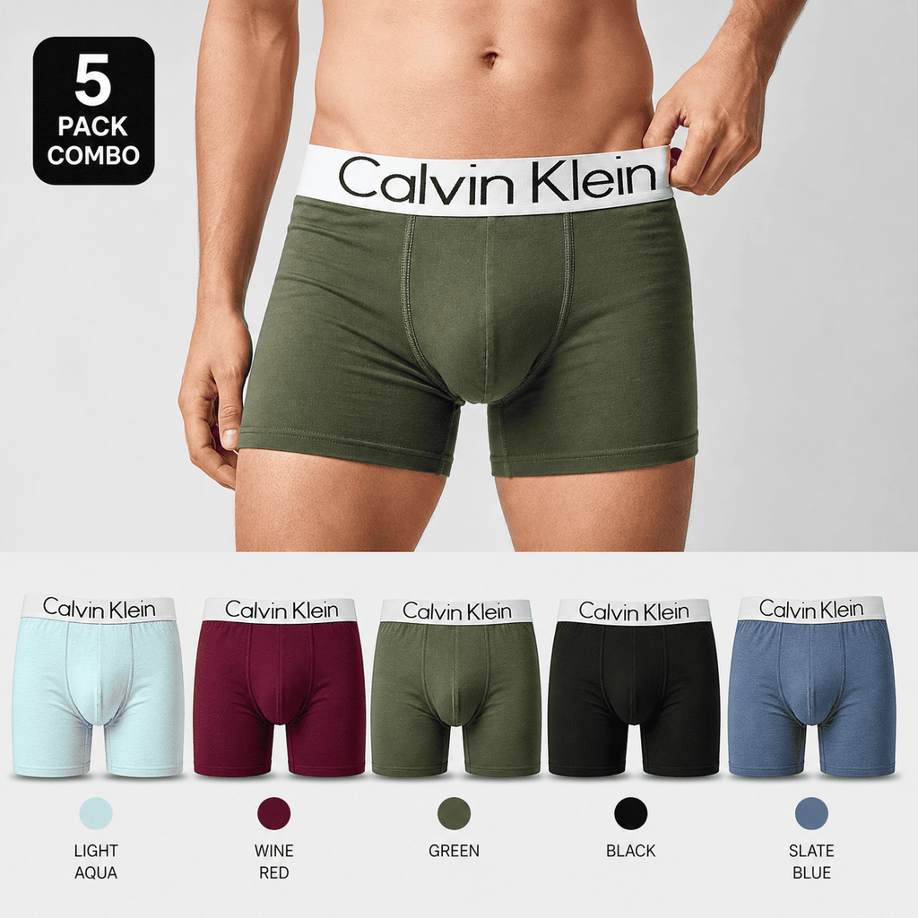 Calvin Klein 5 Pack Trunks – Comfortable Everyday Innerwear (Light Aqua, Wine Red, Green)