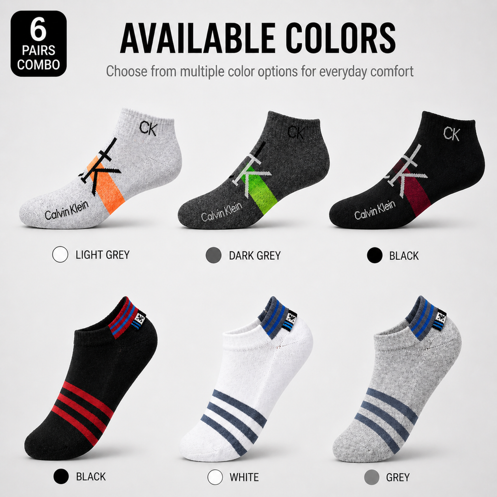 Calvin Klein + US Polo 6 Pairs Ankle Socks Combo – Everyday Comfort & Style (Black, Grey, White)