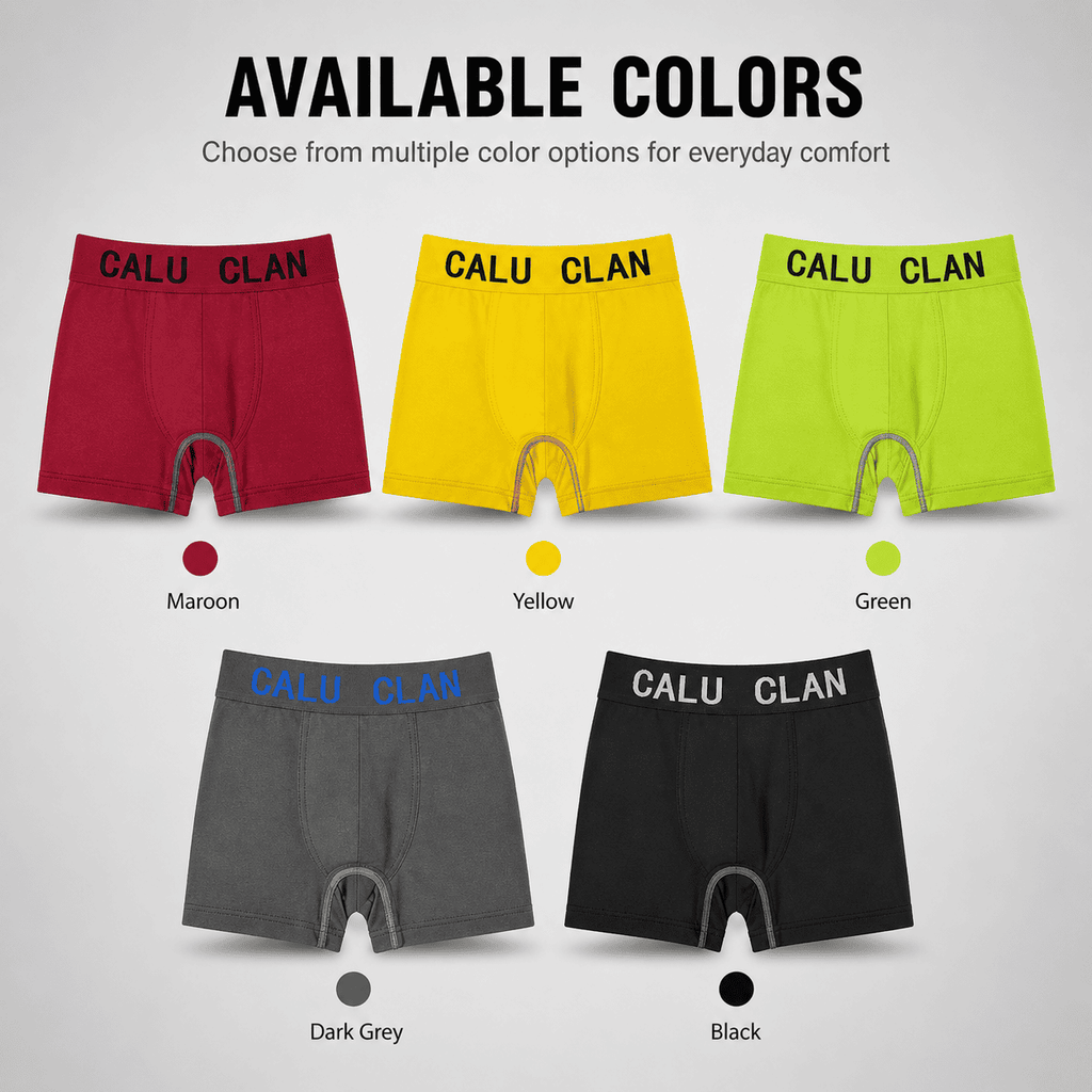 CALU CLAN 5 Pack Boxer Briefs – Comfortable Everyday Innerwear (Maroon, Yellow, Green)