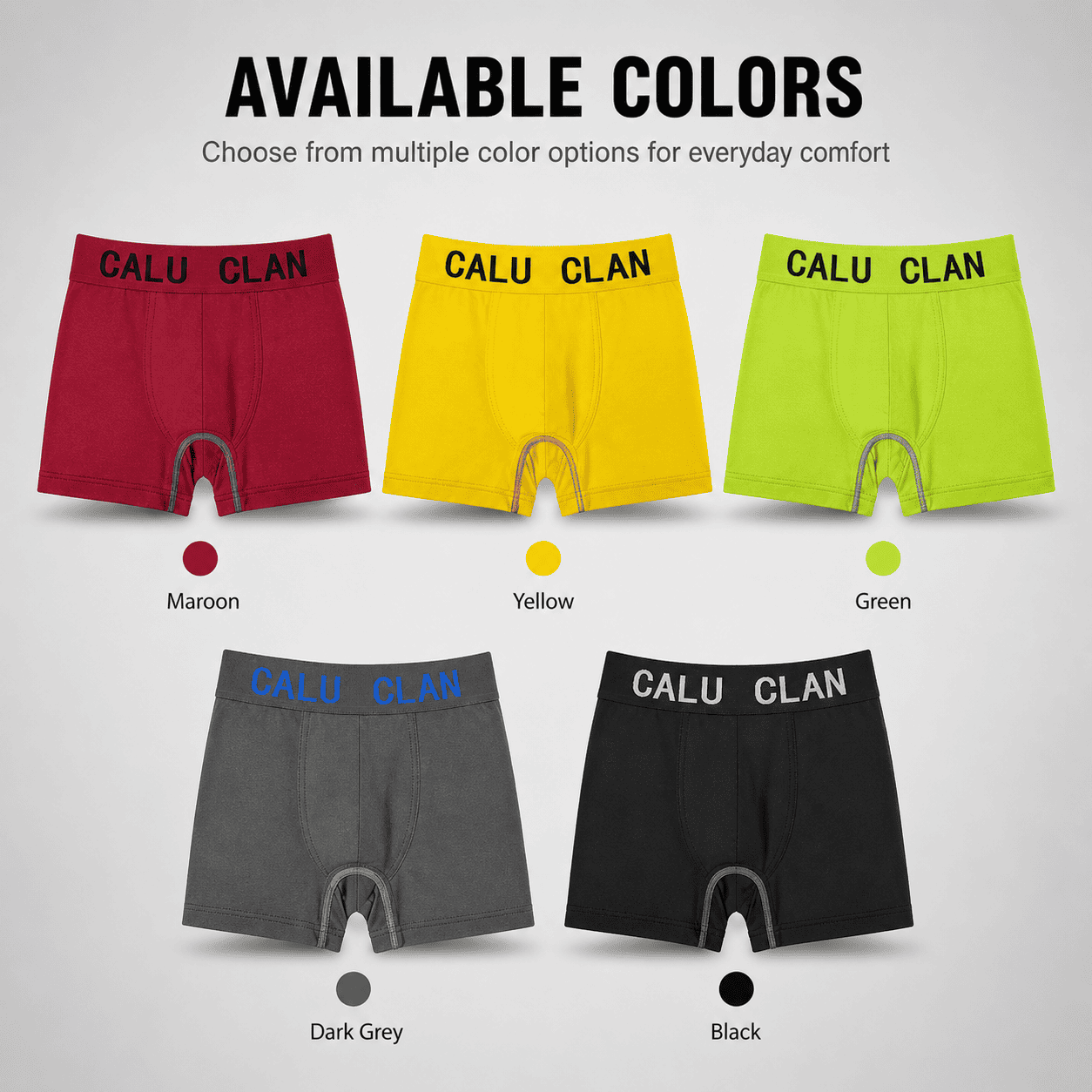 CALU CLAN 5 Pack Boxer Briefs – Comfortable Everyday Innerwear (Maroon, Yellow, Green)