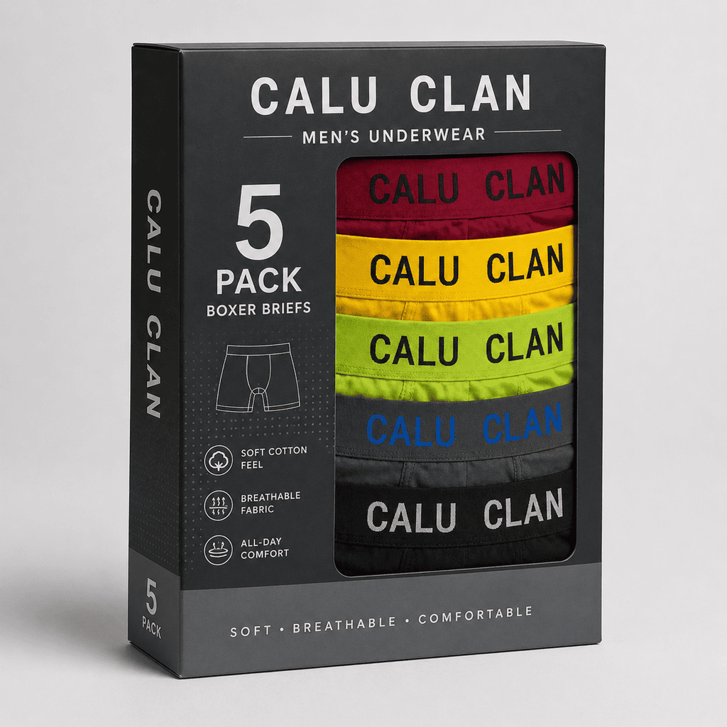 CALU CLAN 5 Pack Boxer Briefs – Comfortable Everyday Innerwear (Maroon, Yellow, Green)