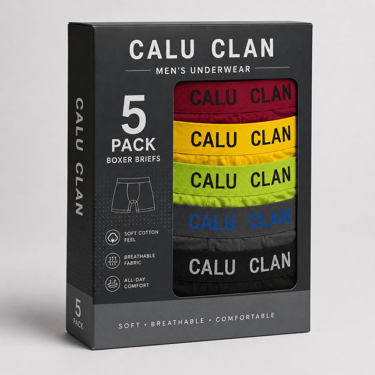 CALU CLAN 5 Pack Boxer Briefs – Comfortable Everyday Innerwear (Maroon, Yellow, Green)