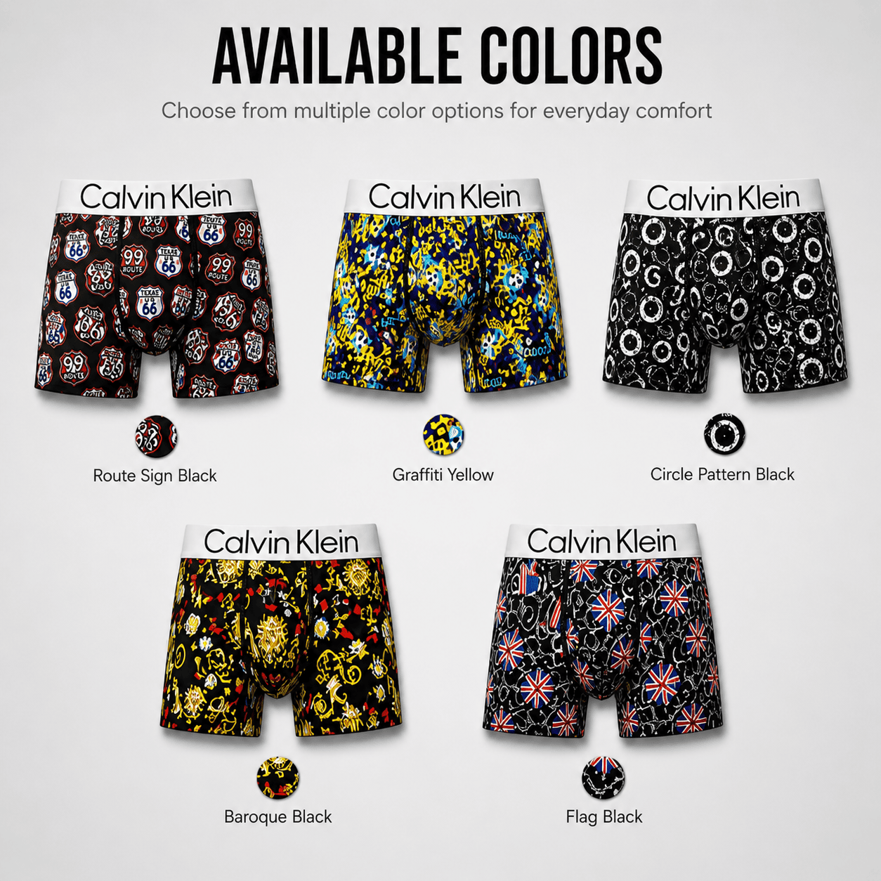 Calvin Klein 5 Pack Trunks – Comfortable Everyday Innerwear (Route Sign Black, Graffiti Yellow, Circle Pattern Black)