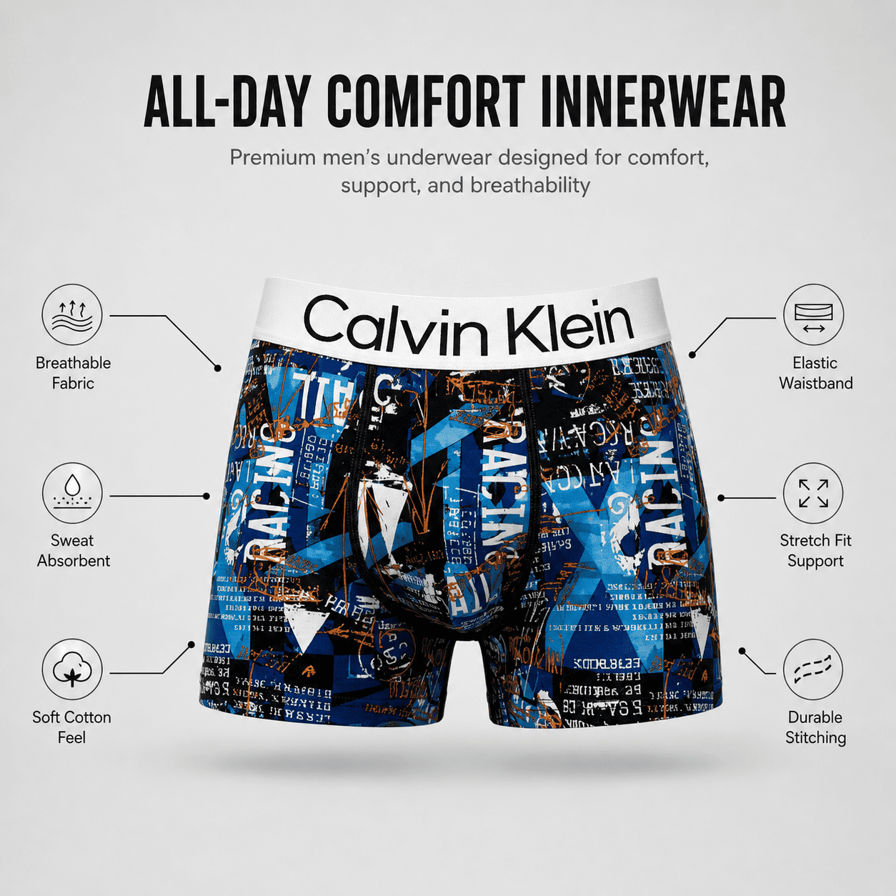 Calvin Klein 5 Pack Trunks – Comfortable Everyday Innerwear (Print Blue, Graffiti Black, Camo Blue)