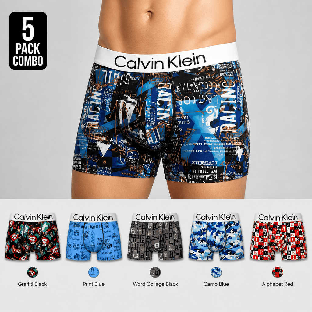 Calvin Klein 5 Pack Trunks – Comfortable Everyday Innerwear (Print Blue, Graffiti Black, Camo Blue)