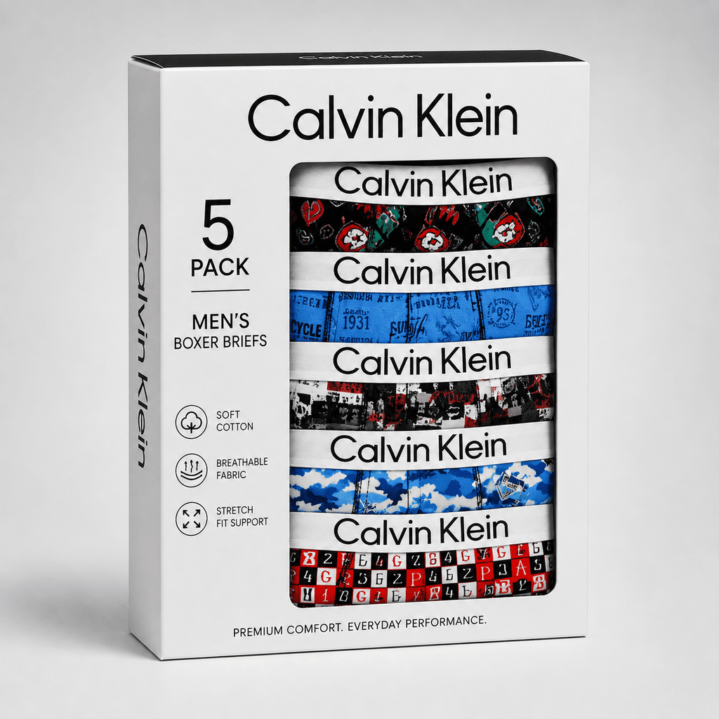 Calvin Klein 5 Pack Trunks – Comfortable Everyday Innerwear (Print Blue, Graffiti Black, Camo Blue)