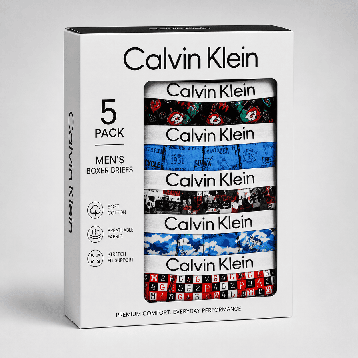 Calvin Klein 5 Pack Trunks – Comfortable Everyday Innerwear (Print Blue, Graffiti Black, Camo Blue)