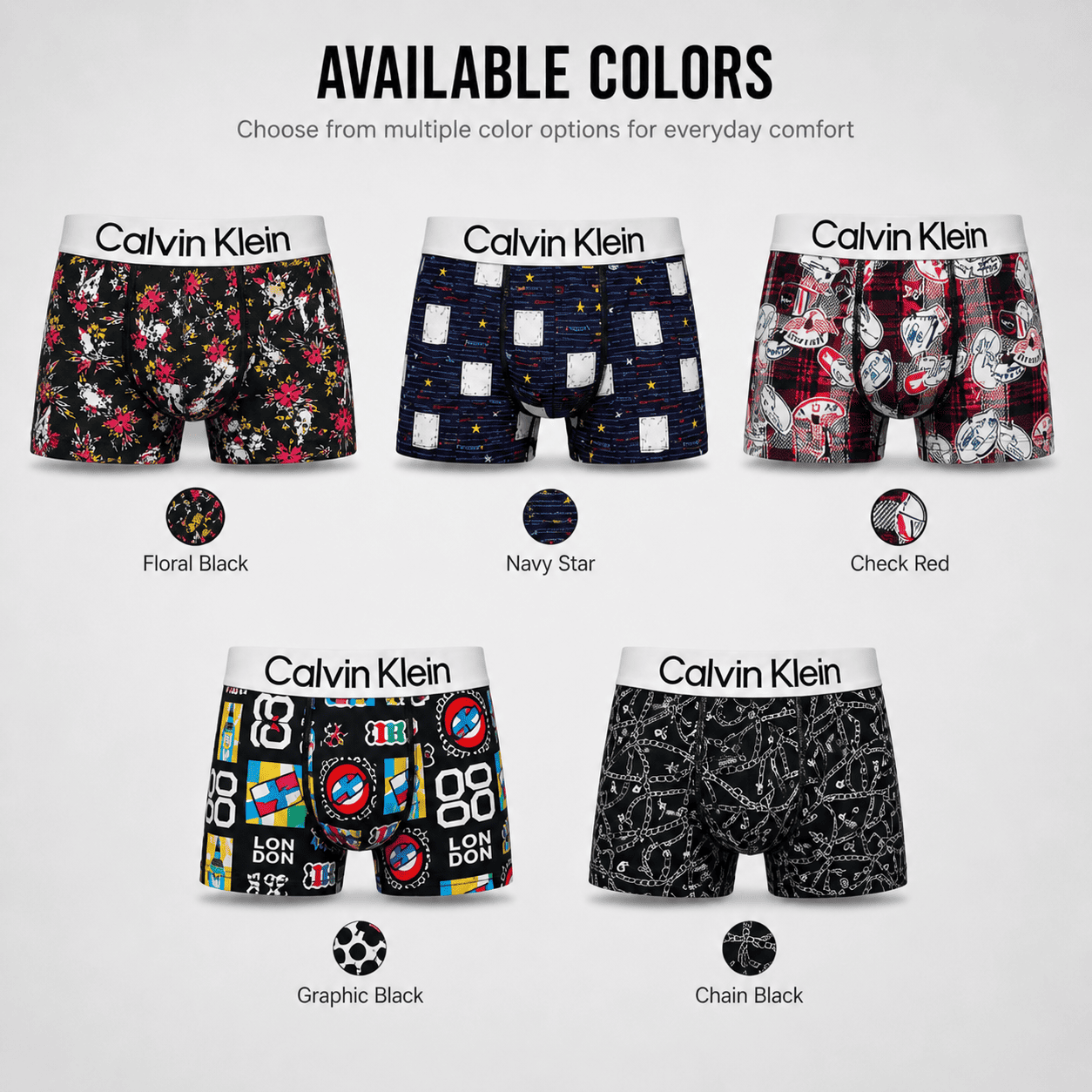 Calvin Klein 5 Pack Trunks – Comfortable Everyday Innerwear (Floral Black, Navy Star, Check Red)
