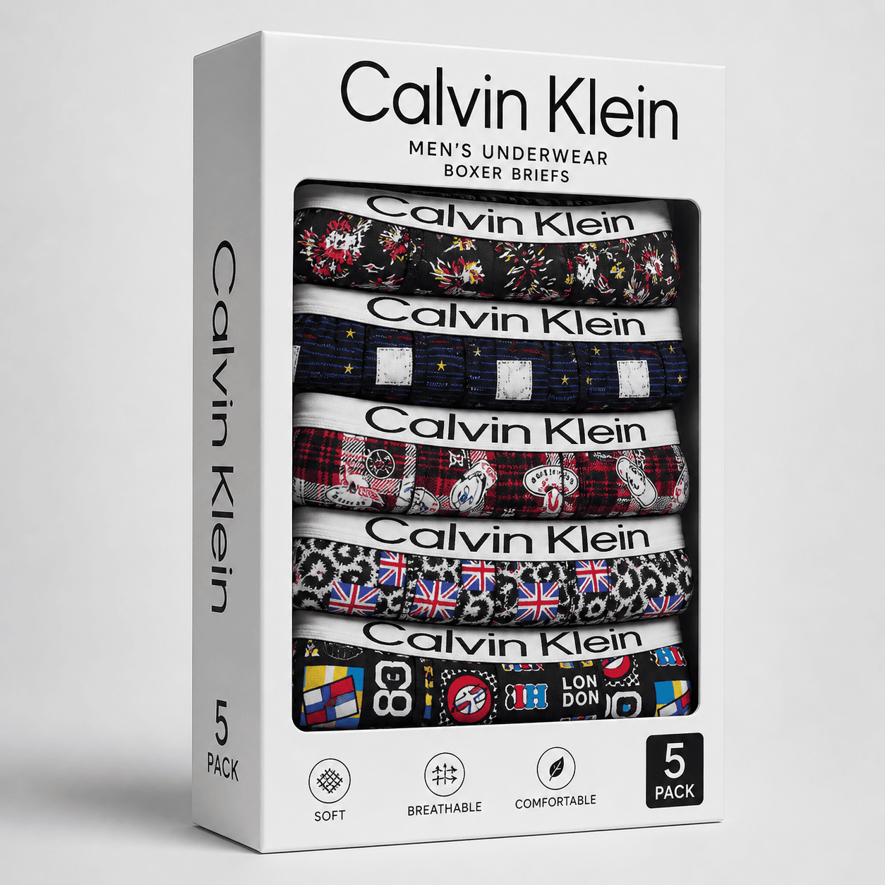 Calvin Klein 5 Pack Trunks – Comfortable Everyday Innerwear (Floral Black, Navy Star, Check Red)