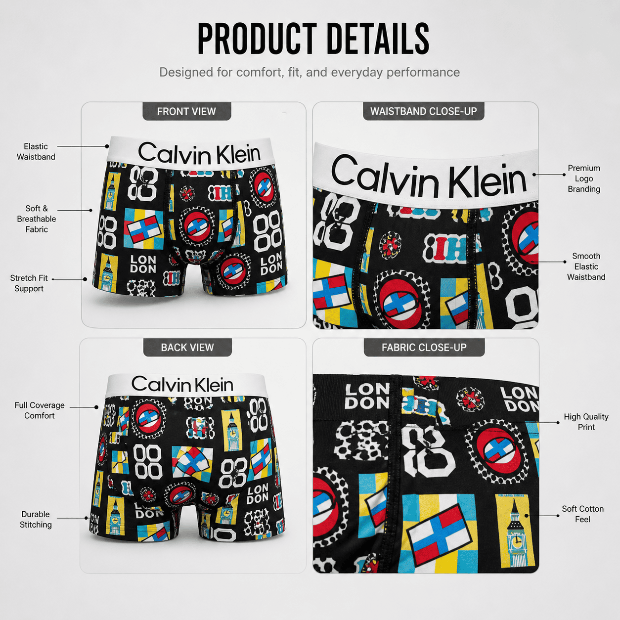 Calvin Klein 5 Pack Trunks – Comfortable Everyday Innerwear (Floral Black, Navy Star, Check Red)