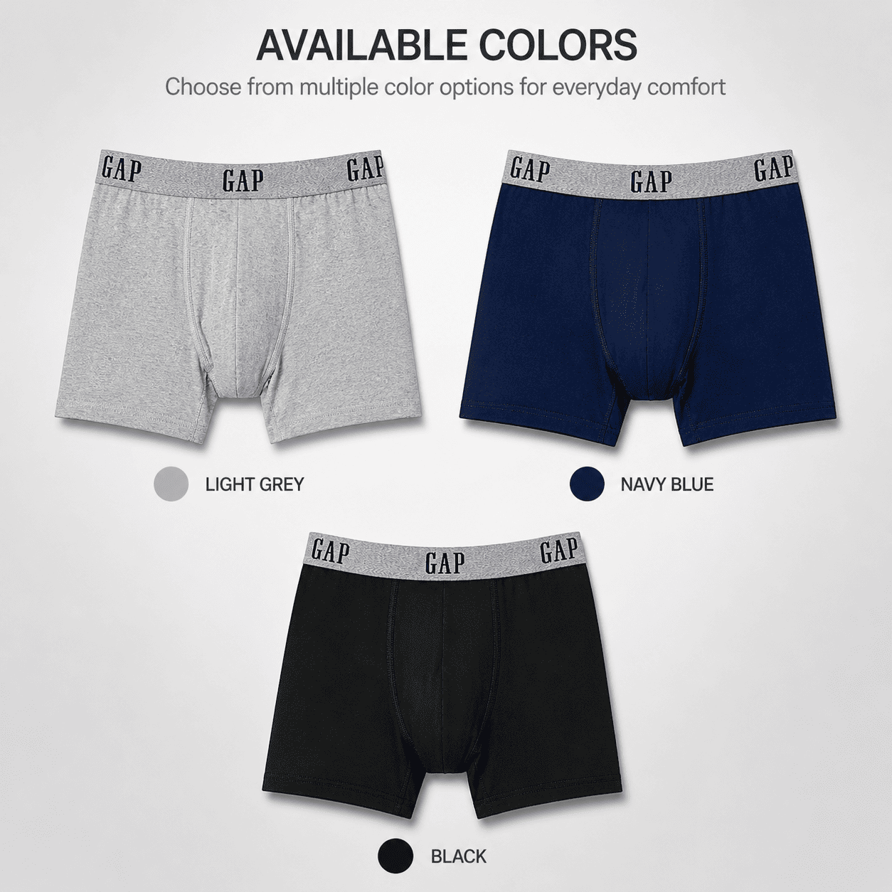 GAP 3 Pack Trunks – Comfortable Everyday Innerwear (Light Grey, Navy Blue, Black)