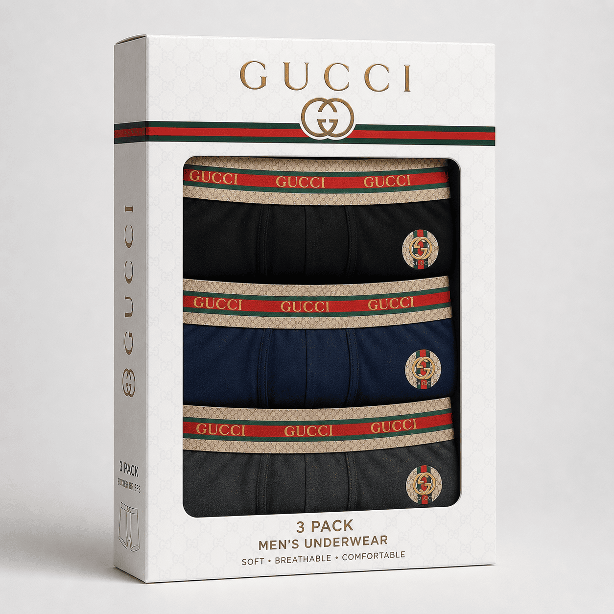 Gucci 3 Pack Trunks – Comfortable Everyday Innerwear (Black, Navy Blue, Dark Grey)