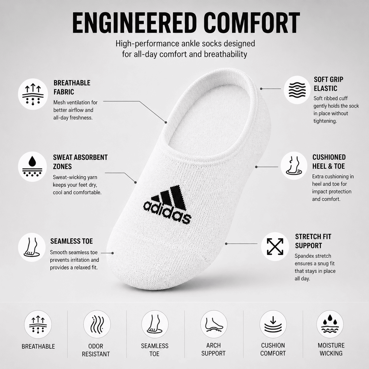 Adidas 5 Pair Low Cut Ankle Socks Combo – Cotton Comfort No Show Socks (White, Grey, Navy, Black)